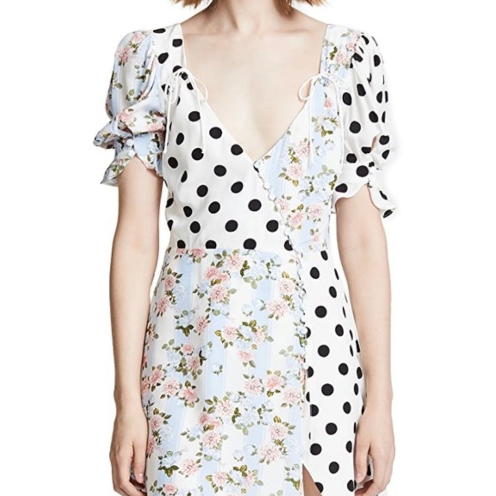 For Love & Lemons White Floral and Black Polka Dot Mini Dress
